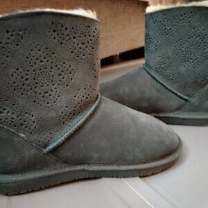 BearPaw Women's Dark Gray Suede Ankle Booties with Cream Shearling